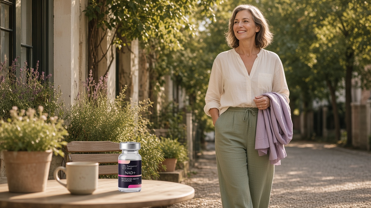 A woman walking outdoors on a sunlit path, with a Transparent Meds NAD+ vial on a nearby table