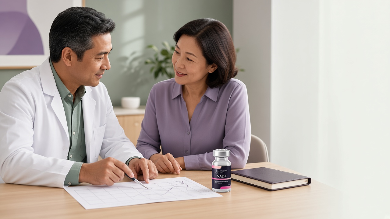 A clinician reviewing a care schedule with a patient at a desk, beside a Transparent Meds NAD+ vial