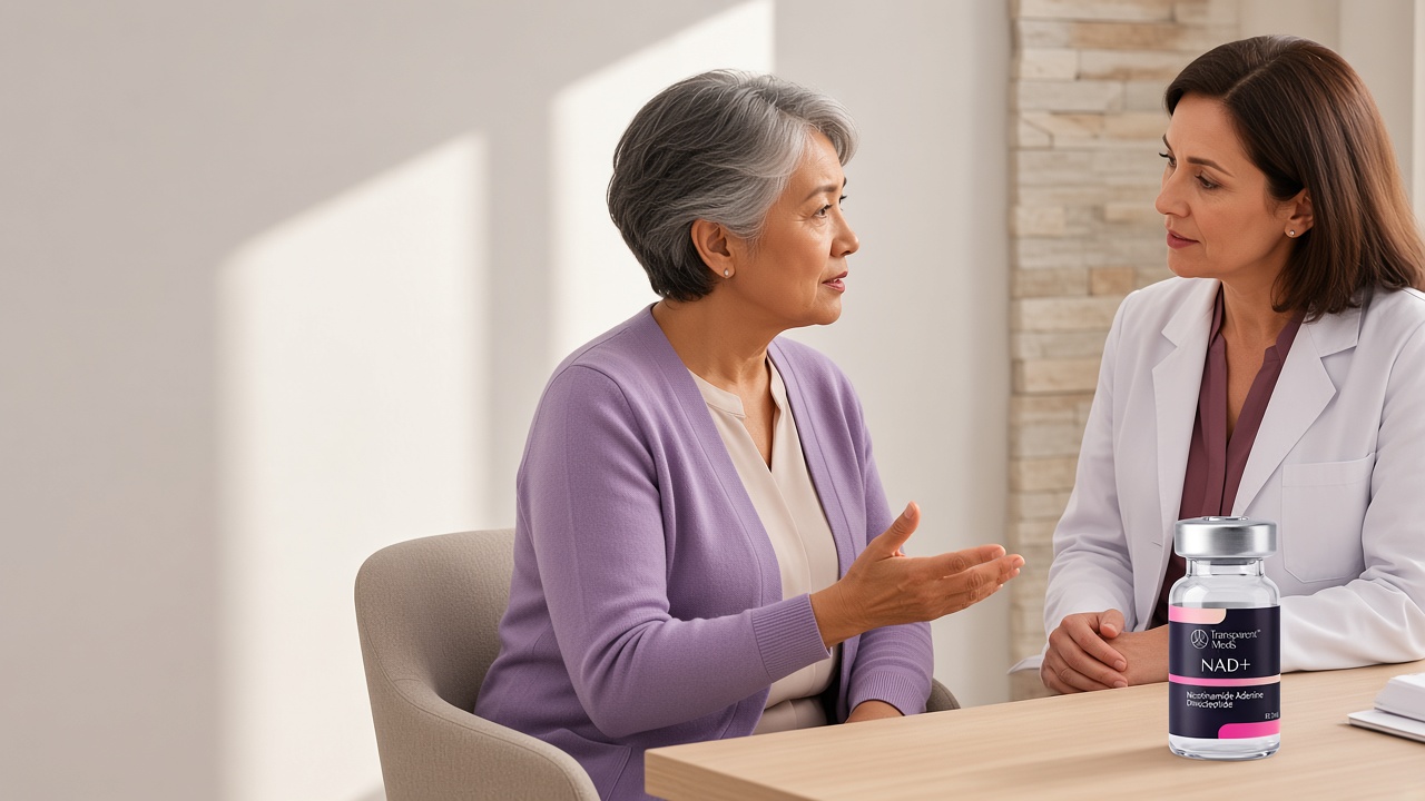 A patient describing how she feels while a clinician listens, with a Transparent Meds NAD+ vial on the desk