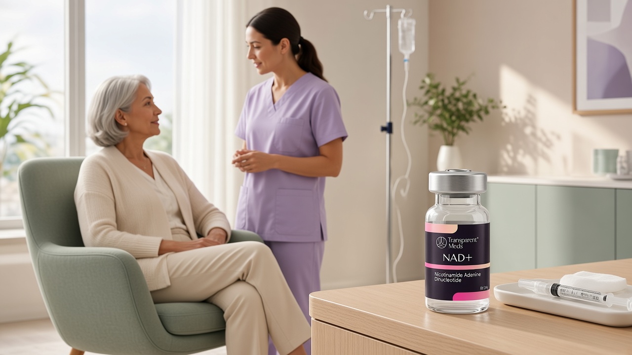 A patient speaking with a nurse near an IV stand in a clinic, with a Transparent Meds NAD+ vial on a side table