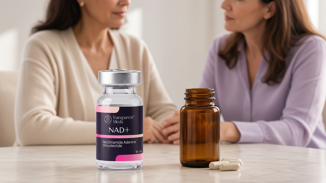 A Transparent Meds NAD+ vial beside an unbranded supplement bottle and capsules on a table