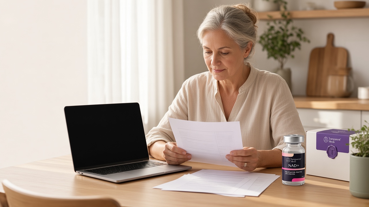 A woman reviewing a care plan at a kitchen table, with Transparent Meds NAD+ packaging nearby
