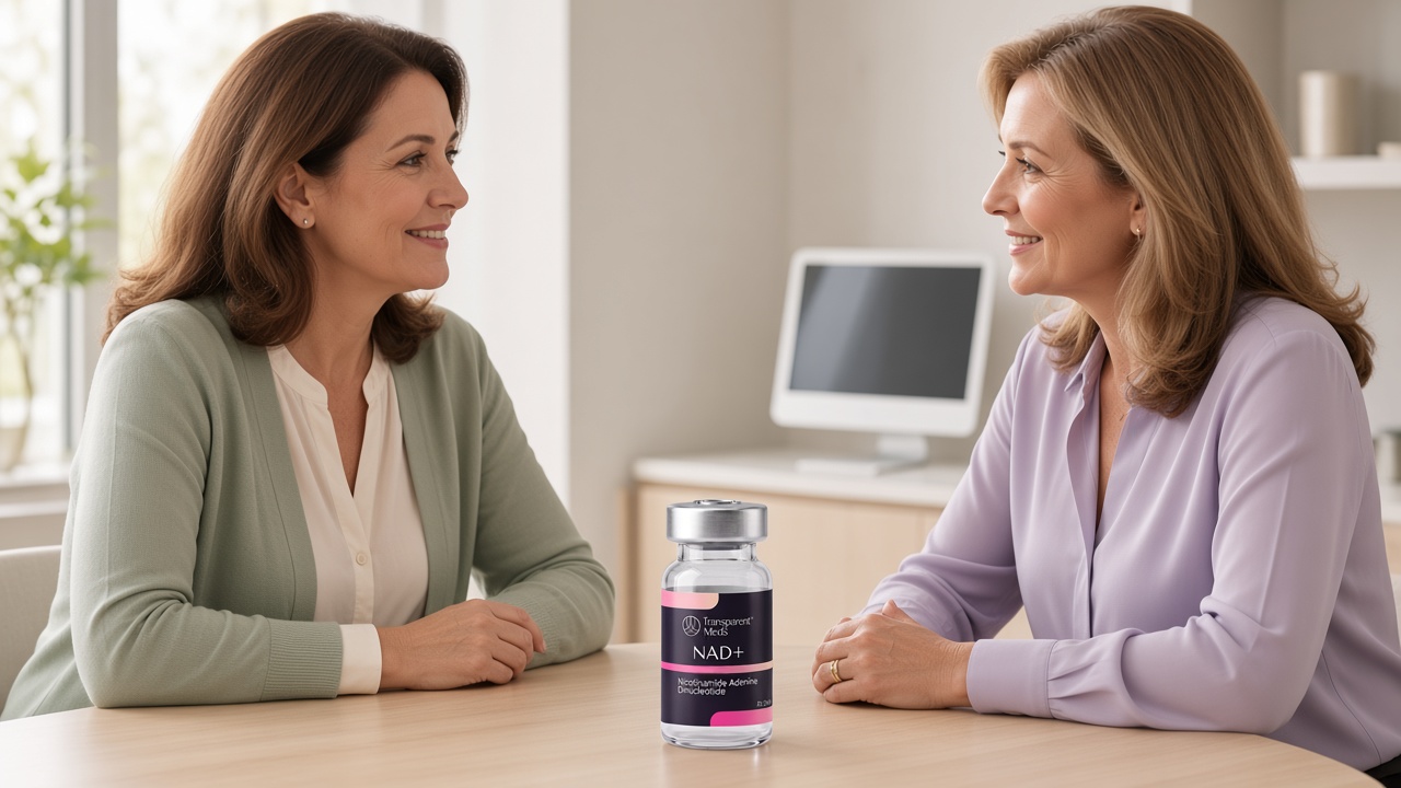 A clinician and a patient talking across a table during a telehealth-style consultation, with a Transparent Meds NAD+ vial on the table