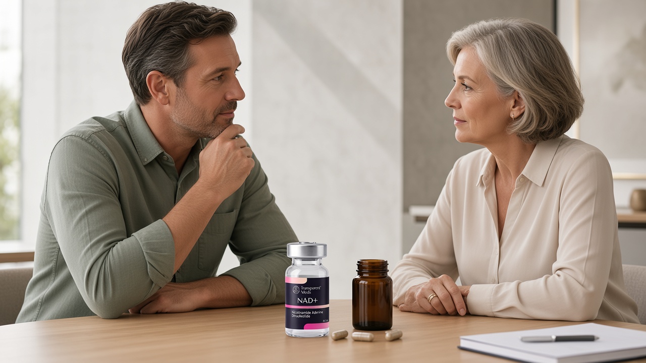 A clinician and a patient comparing a Transparent Meds NAD+ vial with an unbranded supplement jar and capsules