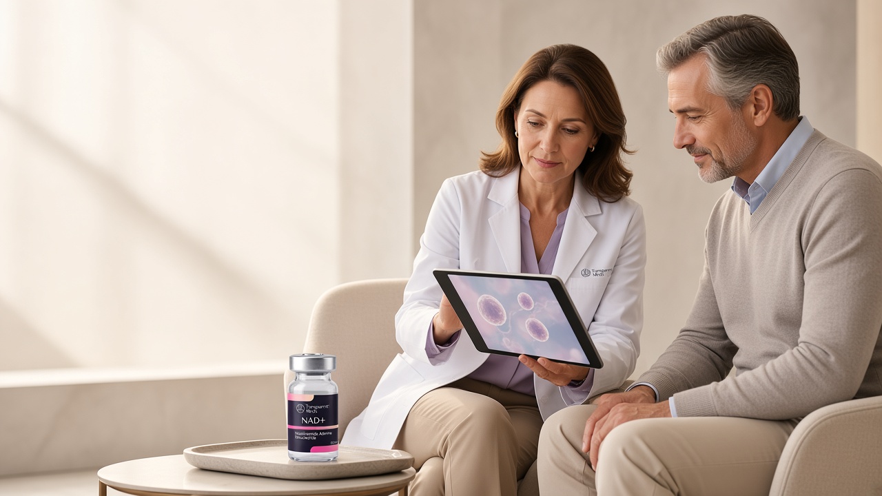 A clinician reviewing a cellular illustration on a tablet with a patient, beside a Transparent Meds NAD+ vial