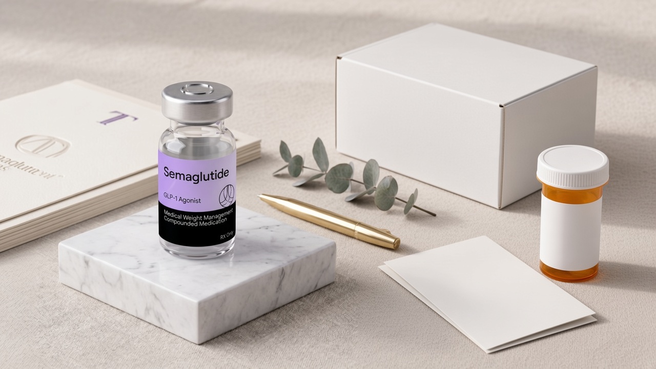 A Transparent Meds semaglutide vial beside an unbranded pharmacy carton, leaflet, and prescription bottle