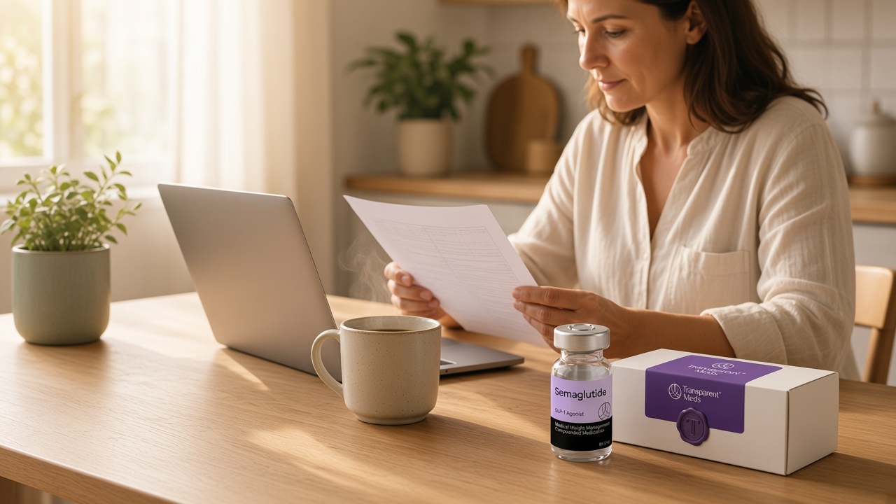 A woman reviewing a printed plan at a sunlit kitchen table, with Transparent Meds semaglutide packaging nearby