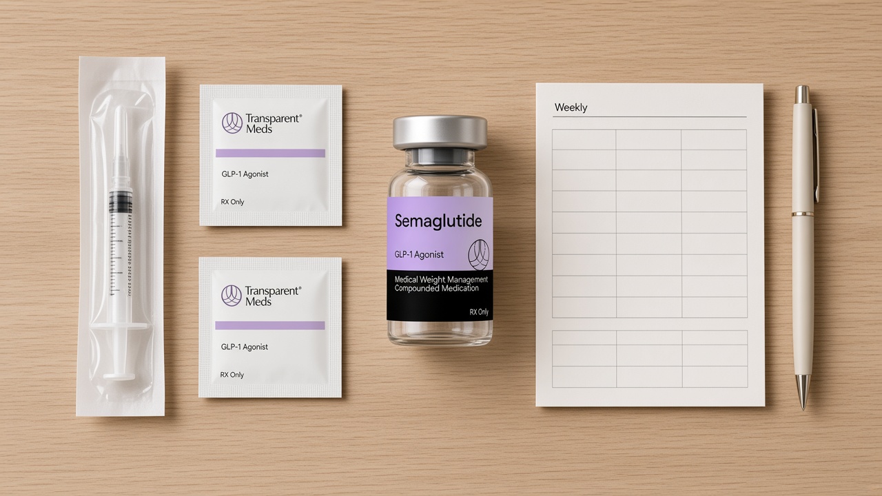 Overhead view of a Transparent Meds semaglutide vial, packaged syringe, swabs, and a blank weekly planner