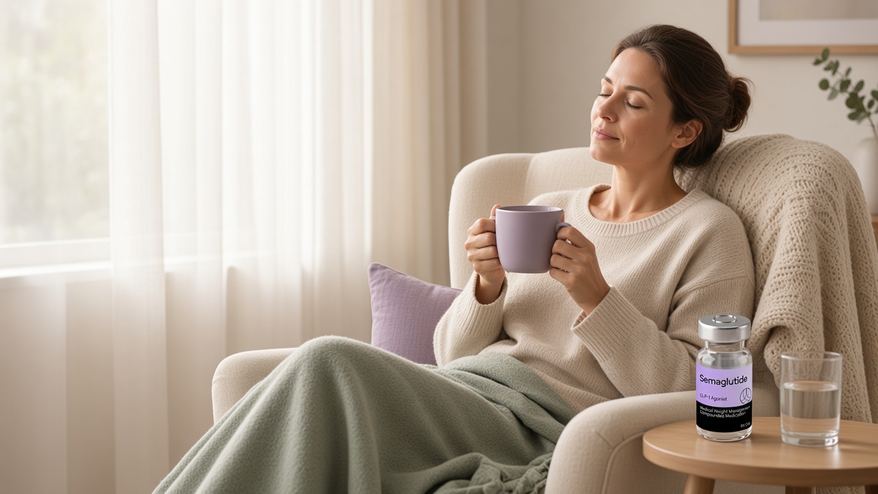 A woman resting in a chair by a window with a warm mug, a Transparent Meds semaglutide vial and water on the side table