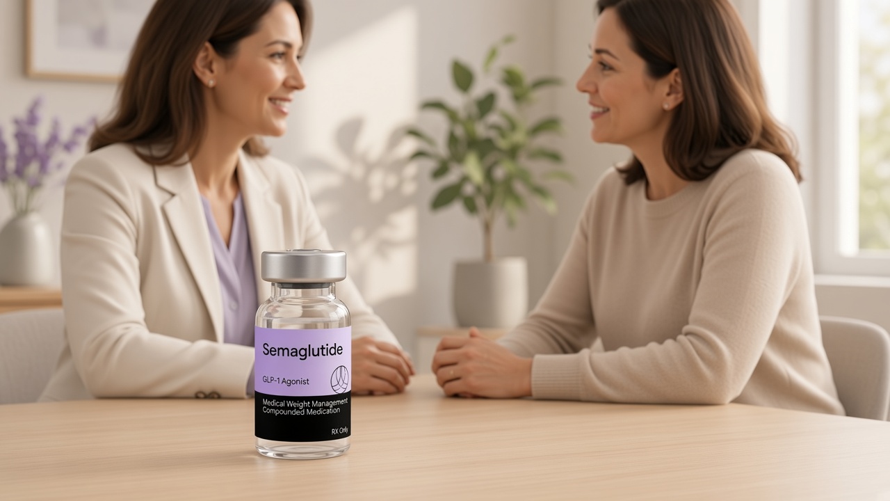 A clinician and a patient talking across a table during a consultation, with a Transparent Meds semaglutide vial on the table