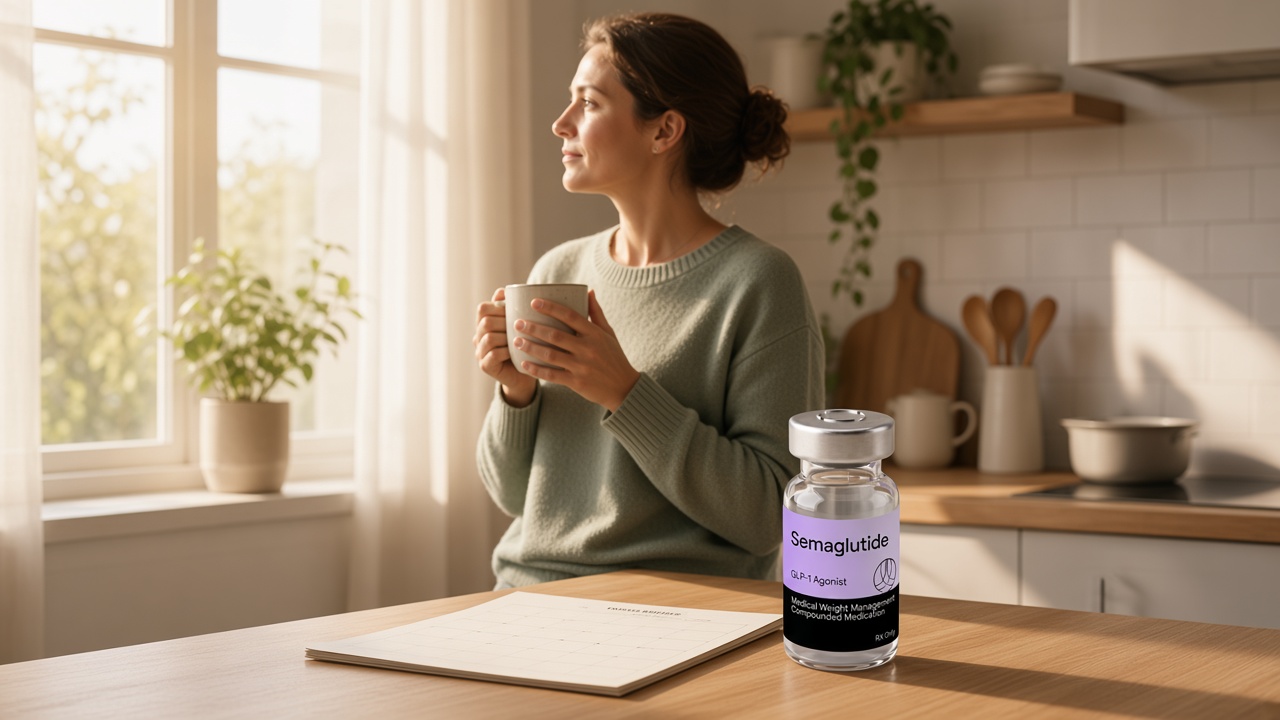 A woman holding a mug at a sunlit kitchen window, with a Transparent Meds semaglutide vial and a blank calendar on the counter
