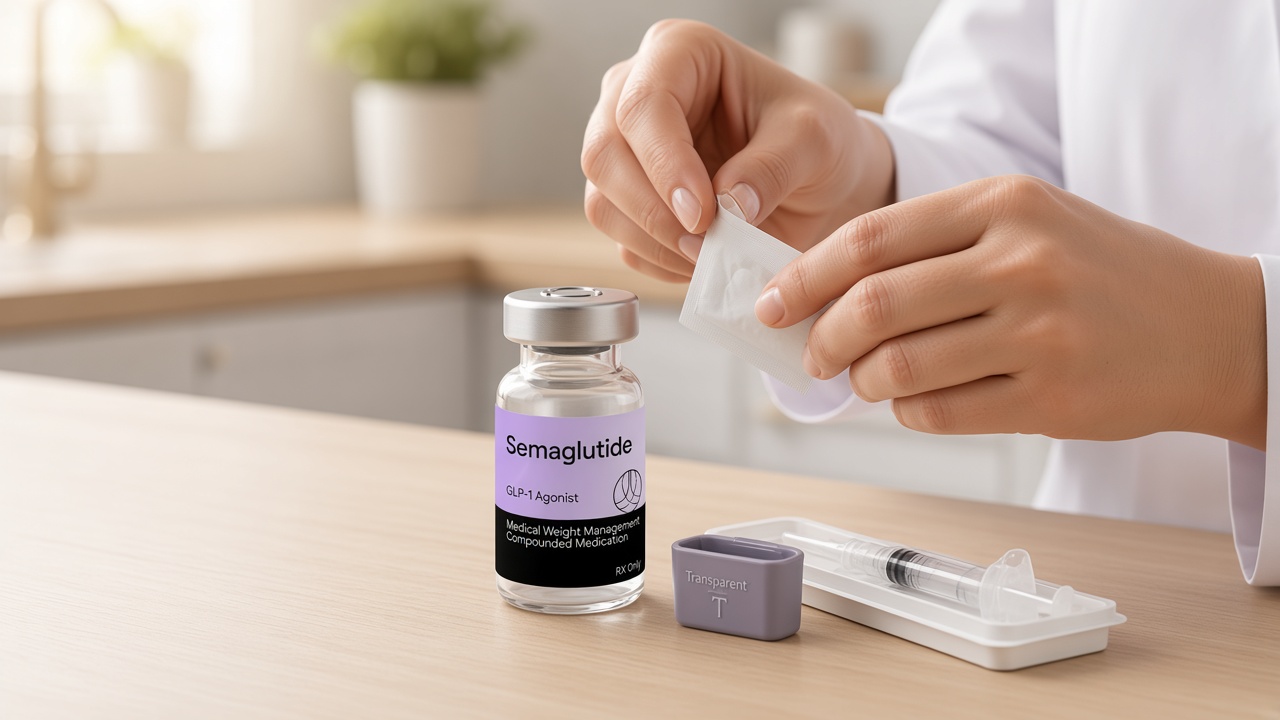 Hands opening an alcohol swab beside a Transparent Meds semaglutide vial and a capped syringe on a clean counter