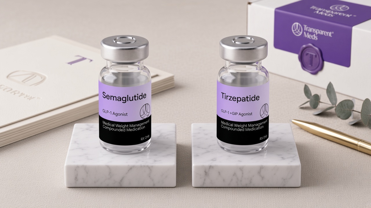 Transparent Meds semaglutide and tirzepatide vials side by side on marble blocks