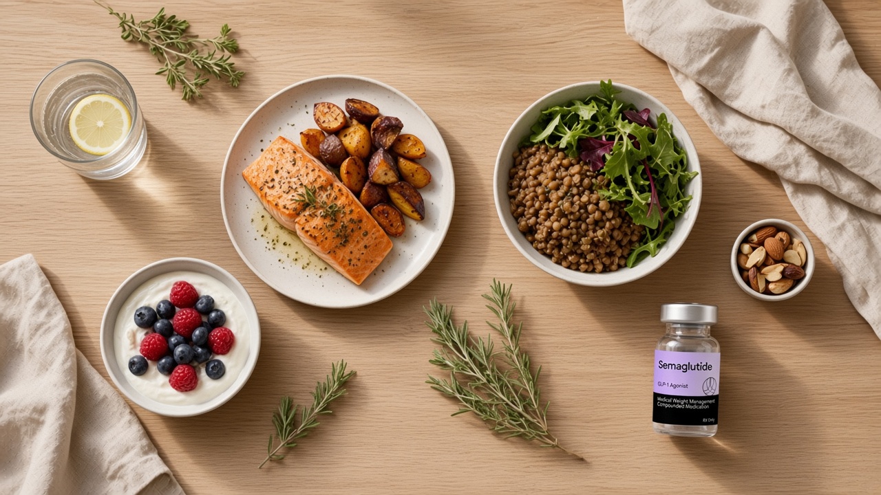 Overhead view of protein and fiber rich dishes with water and a Transparent Meds semaglutide vial at the edge